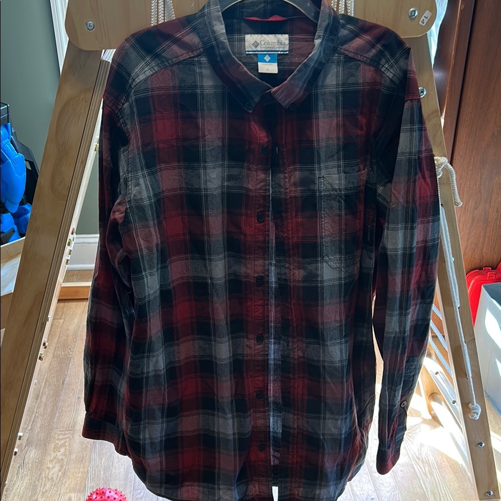 Columbia Red and Black Plaid Button-Up Shirt